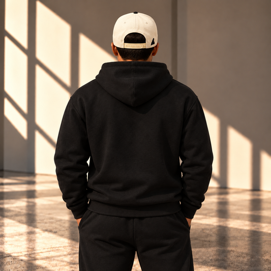 Model is wearing ivory and black hat with upside down logo on front 