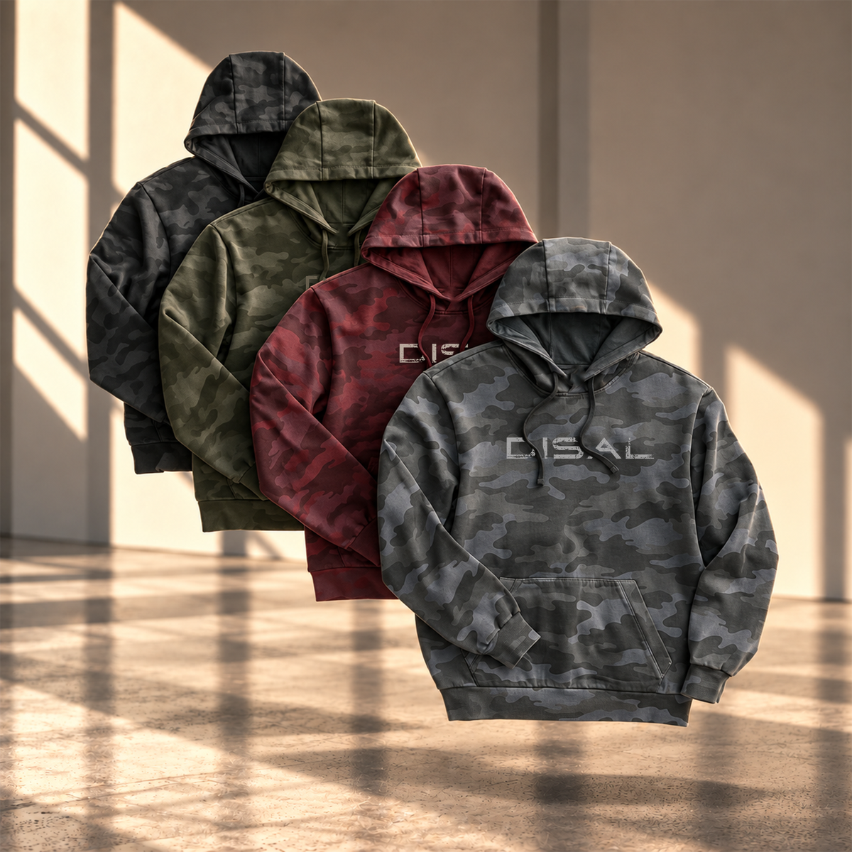 Studio image of washed camo hoodies