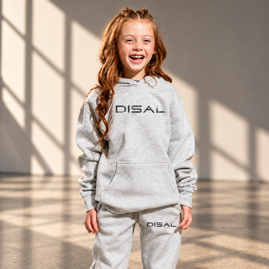 Model wearing light heather greyhoodie with black logo