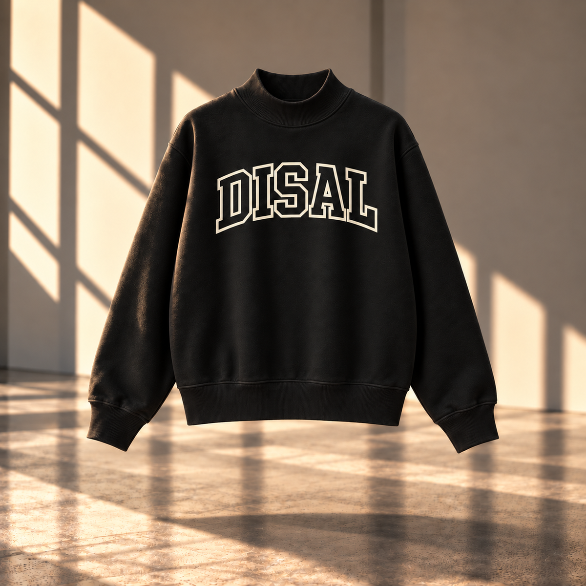 Black mock crewneck with ivory logo