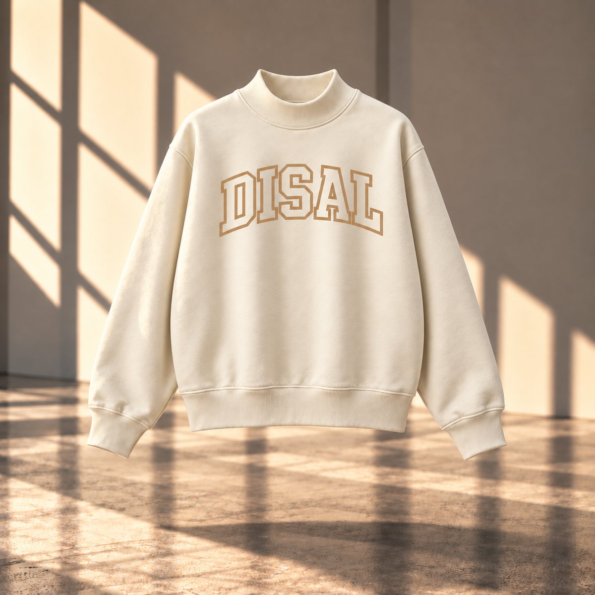 Ivory mock neck with tan logo