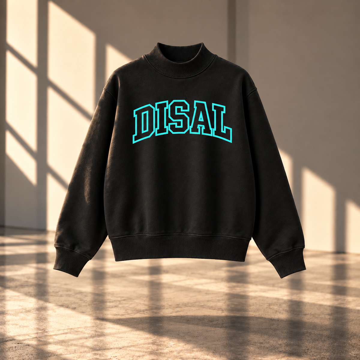 Black mock crewneck with teal logo